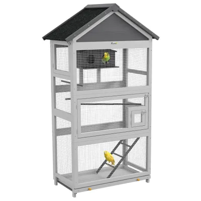PawHut - Volière Bois - 3P, T Dble Pte, Éch, Perch, Nich, Plat - Gris