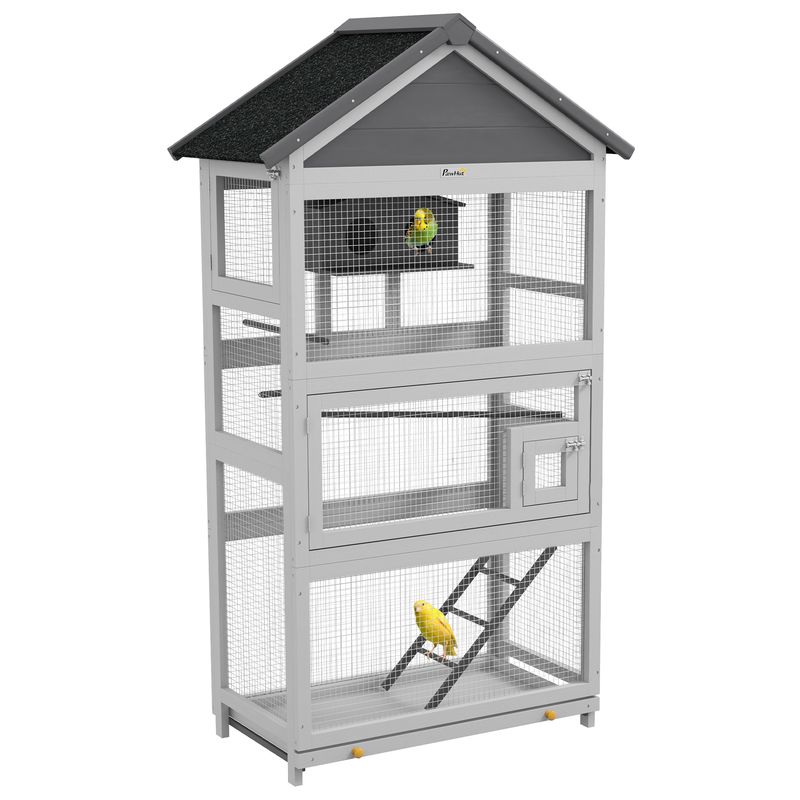 PawHut - Volière Bois - 3P, T Dble Pte, Éch, Perch, Nich, Plat - Gris