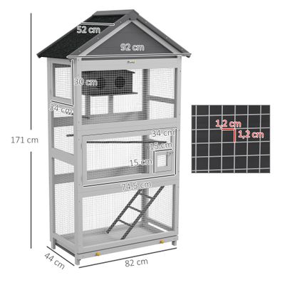PawHut - Volière Bois - 3P, T Dble Pte, Éch, Perch, Nich, Plat - Gris