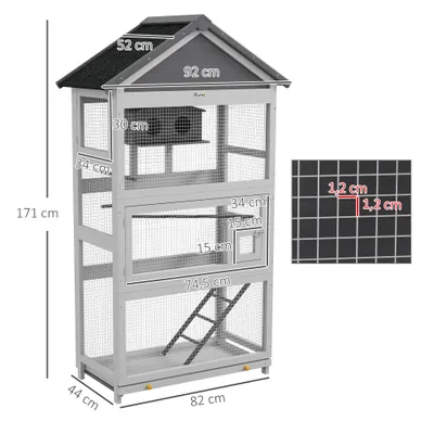 PawHut - Volière Bois - 3P, T Dble Pte, Éch, Perch, Nich, Plat - Gris