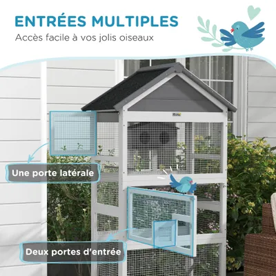 PawHut - Volière Bois - 3P, T Dble Pte, Éch, Perch, Nich, Plat - Gris