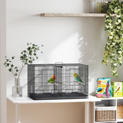 PawHut - Volière acier avec séparateur 4 perchoirs mangeoires plat déj-noir