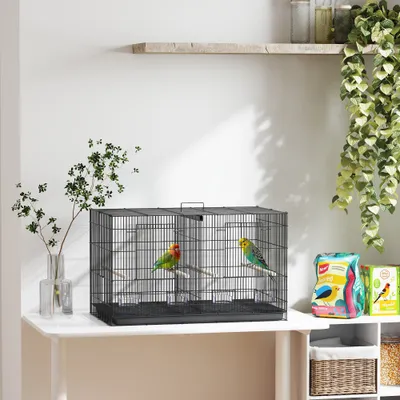 PawHut - Volière acier avec séparateur 4 perchoirs mangeoires plat déj-noir