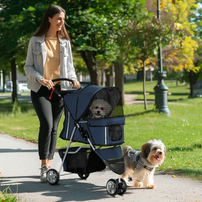 PawHut - Poussette buggy pliable chien chat rangement intégré - bleu marine