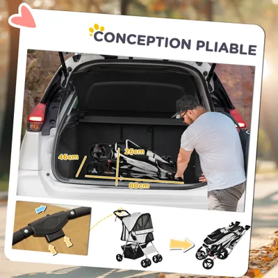 PawHut - Poussette chien pliable 4 roues H.94cm - gris PawHut - Poussette chien pliable 4 roues H.94cm - gris