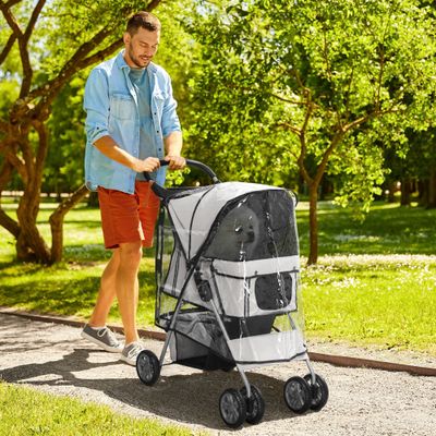 PawHut - Poussette pliable animaux porte-gobelet panier freins - gris