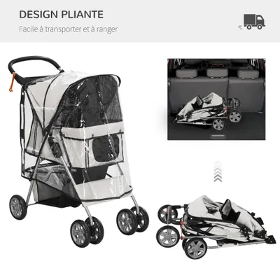 PawHut - Poussette pliable animaux porte-gobelet panier freins - gris