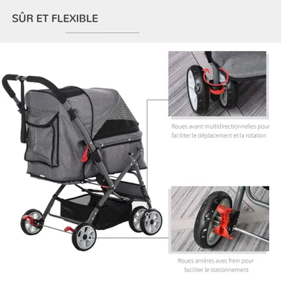 PawHut - Poussette buggy pliable chien chat panier sac - gris chiné noir