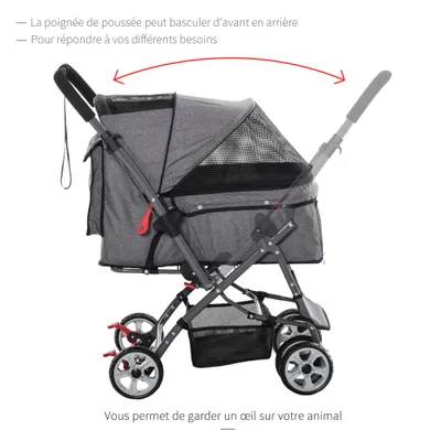PawHut - Poussette buggy pliable chien chat panier sac - gris chiné noir
