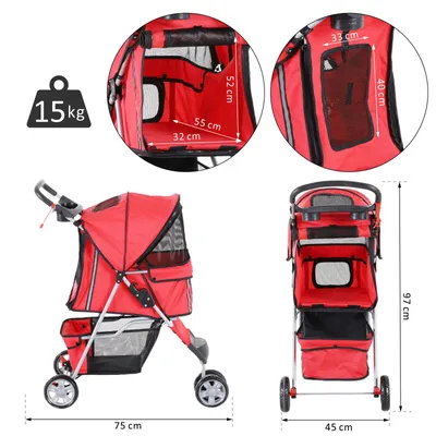 PawHut - Poussette pour Animaux Roue Avant Pivotante 360° - Rouge