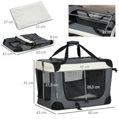 PawHut - Sac transport pliable, poignée, zips, coussin amovible - gris noir