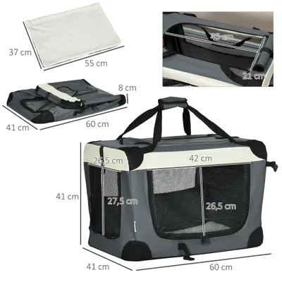 PawHut - Sac transport pliable, poignée, zips, coussin amovible - gris noir