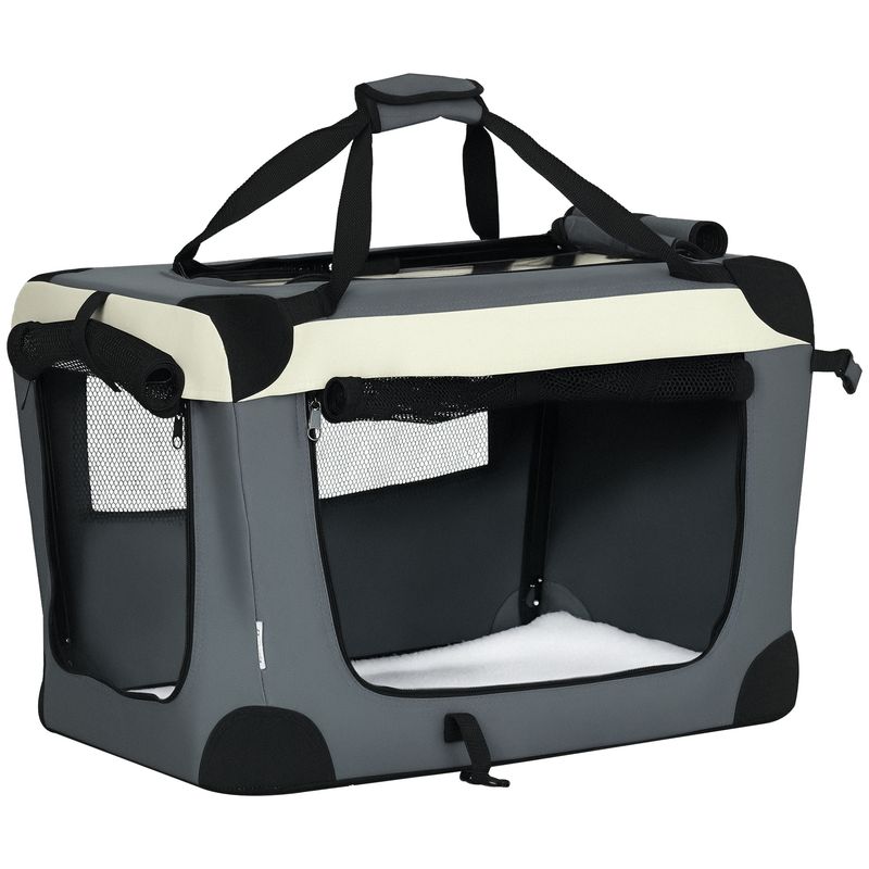 PawHut - Sac transport pliable, poignée, zips, coussin amovible - gris noir