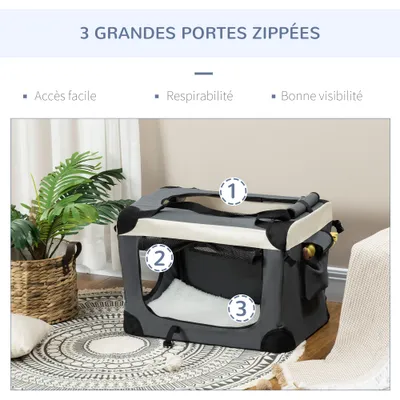 PawHut - Sac transport pliable, poignée, zips, coussin amovible - gris noir