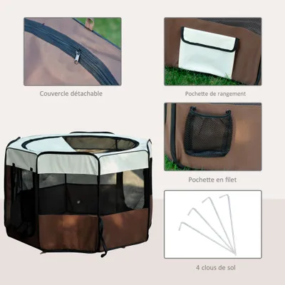 PawHut - Parc enclos pliable 2 portes, 2 poches, sac H.76cm - marron beige