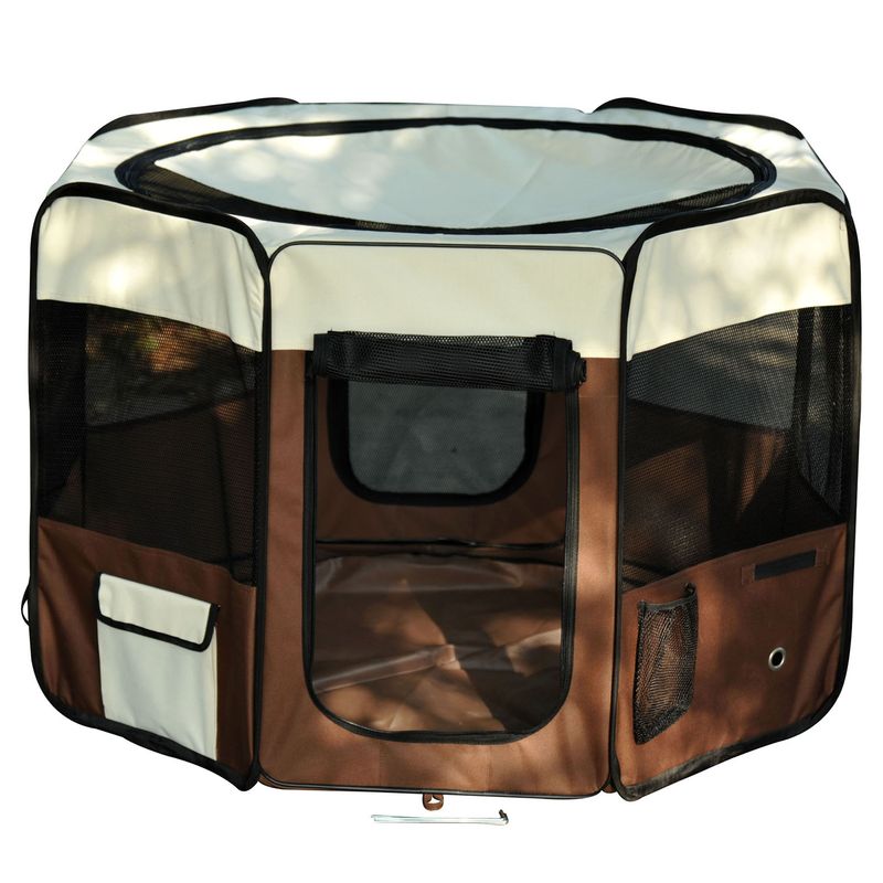 PawHut - Parc enclos pliable 2 portes, 2 poches, sac H.76cm - marron beige