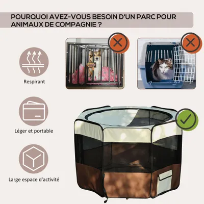 PawHut - Parc enclos pliable 2 portes, 2 poches, sac H.76cm - marron beige