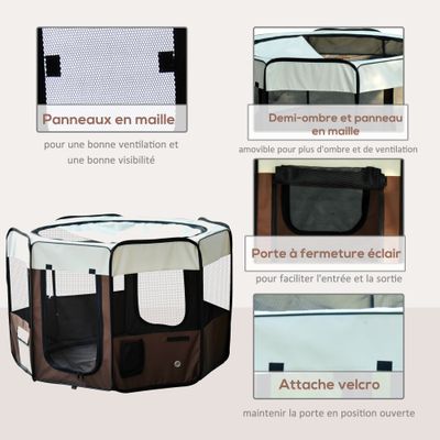 PawHut - Parc enclos pliable 2 portes, 2 poches, sac H.76cm - marron beige
