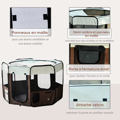 PawHut - Parc enclos pliable 2 portes, 2 poches, sac H.76cm - marron beige