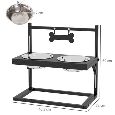 PawHut - Porte-gamelles double surélevé réglable 2 bols inox inclus - noir