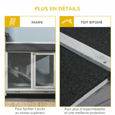 PawHut - Clapier sur roulettes 2 niv. 3 plateaux coulissants