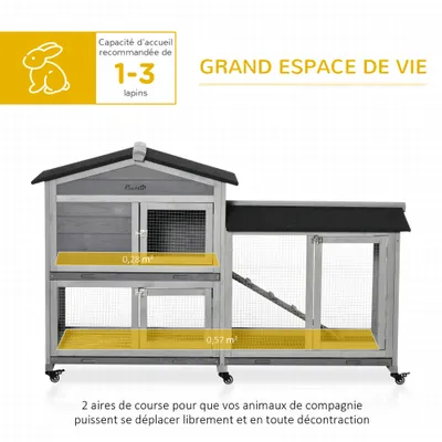 PawHut - Clapier sur roulettes 2 niv. 3 plateaux coulissants