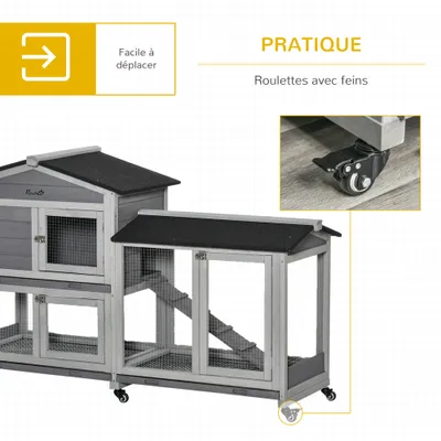 PawHut - Clapier sur roulettes 2 niv. 3 plateaux coulissants