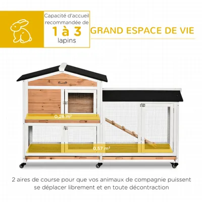 PawHut - Clapier sur roulettes 2 niv. 3 plateaux coulissants