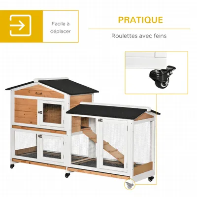PawHut - Clapier sur roulettes 2 niv. 3 plateaux coulissants