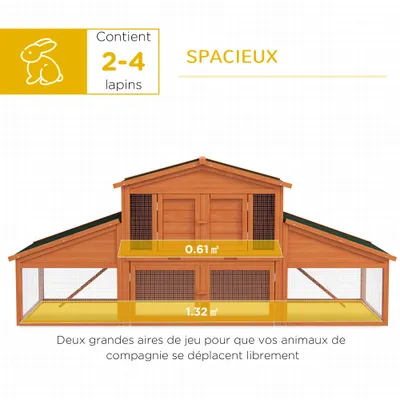 PawHut - Clapier à Lapins XXL 2 Étages, 2 Enclos et Tiroir en Bois de Sapin