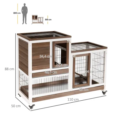 PawHut - Cage à Lapin 2-Étages Roulettes, 2 Portes, Rampe - Marron/Blanc