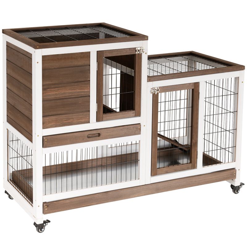 PawHut - Cage à Lapin 2-Étages Roulettes, 2 Portes, Rampe - Marron/Blanc