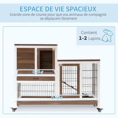 PawHut - Cage à Lapin 2-Étages Roulettes, 2 Portes, Rampe - Marron/Blanc