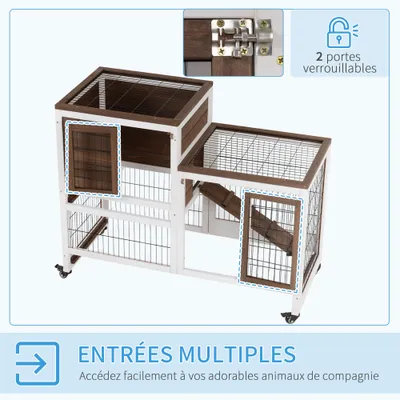 PawHut - Cage à Lapin 2-Étages Roulettes, 2 Portes, Rampe - Marron/Blanc