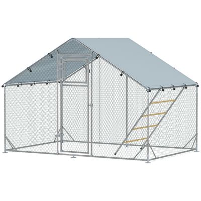 PawHut - Enclos Poulailler avec perchoir,mangeoire,porte,bâche H.195cm-Gris