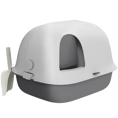 PawHut - Litière Semi-Fermé Couv.Verrouillable+Pelle H.39cm - Gris Blanc