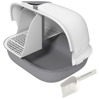 PawHut - Litière Semi-Fermé Couv.Verrouillable+Pelle H.39cm - Gris Blanc
