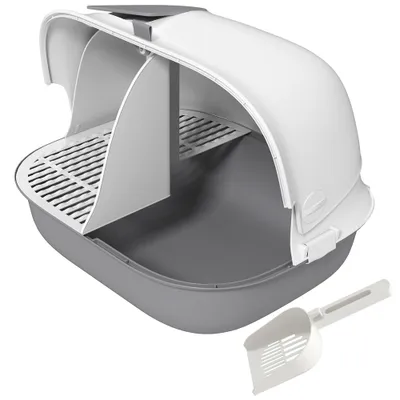PawHut - Litière Semi-Fermé Couv.Verrouillable+Pelle H.39cm - Gris Blanc PawHut - Litière Semi-Fermé Couv.Verrouillable+Pelle H.39cm - Gris Blanc