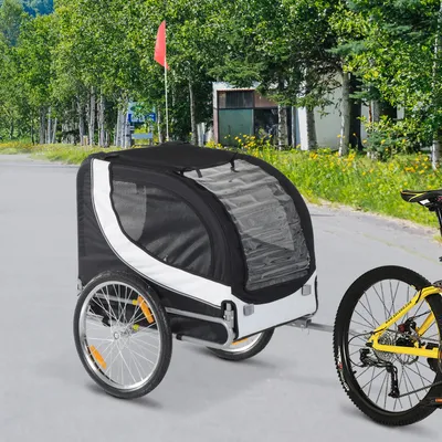PawHut - Remorque vélo pour chiens avec 8 réflecteurs drapeau - blanc noir