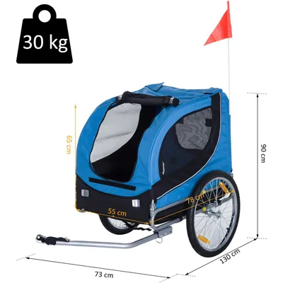 PawHut - Remorque vélo pour chiens avec 8 réflecteurs drapeau - bleu noir