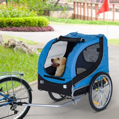 PawHut - Remorque vélo pour chiens avec 8 réflecteurs drapeau - bleu noir