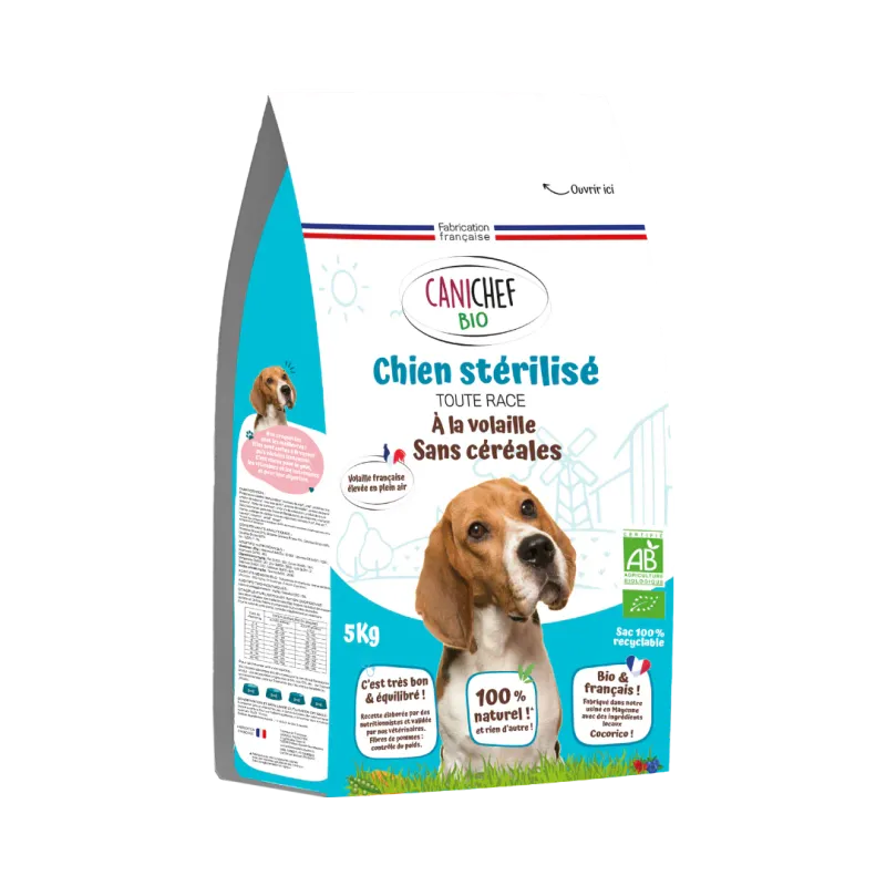 Canichef - Croquettes  BIO à la Volaille Sans Céréales pour Chien stérilisé