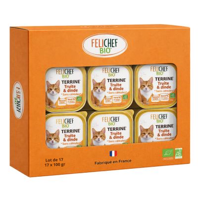 Felichef - Terrines  Bio Sans Céréales Truite & Dinde pour Chat (17x 100gr)