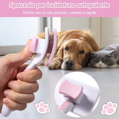 Brosse Autonettoyante Rose 2 en 1 - Pour Chiens/Chats Poils Courts/Longs