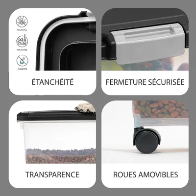 Boite Croquette hermétique à roulettes, Plastique, pour Chien, Chat Boite Croquette hermétique à roulettes, Plastique, pour Chien, Chat