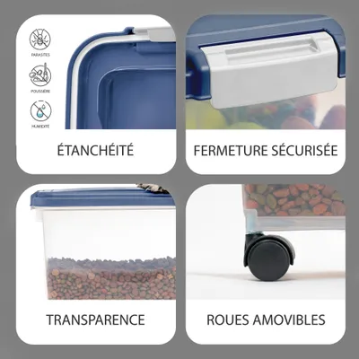 Boite Croquette hermétique à roulettes, Plastique, pour Chien, Chat Boite Croquette hermétique à roulettes, Plastique, pour Chien, Chat