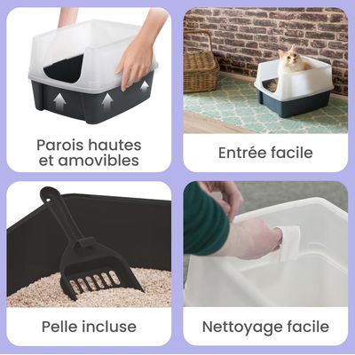 Bac à Litiere pour Chat avec Pelle, Anti-fuite, Ouverture en haut