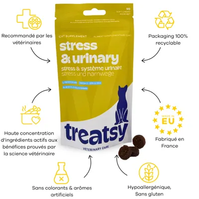 Treatsy Complément Alimentaire – Stress & Système Urinaire pour Chat Treatsy Complément Alimentaire – Stress & Système Urinaire pour Chat
