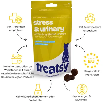 Treatsy Nahrungsergänzungsmittel – Stress & Harnsystem für Katzen Treatsy Nahrungsergänzungsmittel – Stress & Harnsystem für Katzen