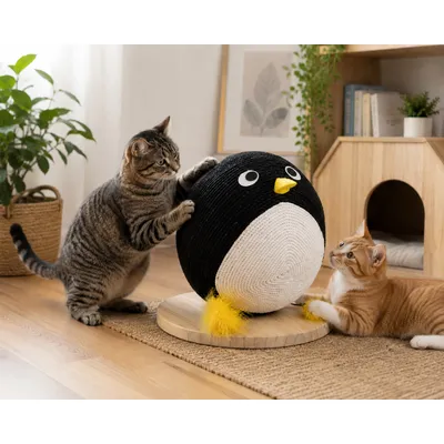 Balle a griffer pingouin pour chat avec corde 30cm
